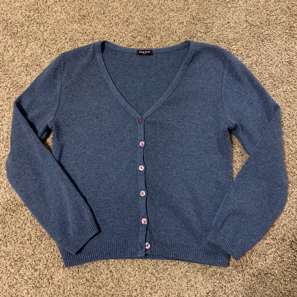 Blue V-Neck Cardigan Sweater with Ribbed Trim